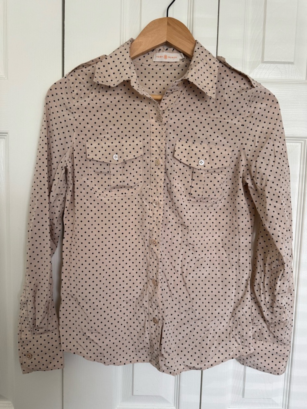 Tory Burch Blush Polka Dot Blouse with Black Dots size 2 silk